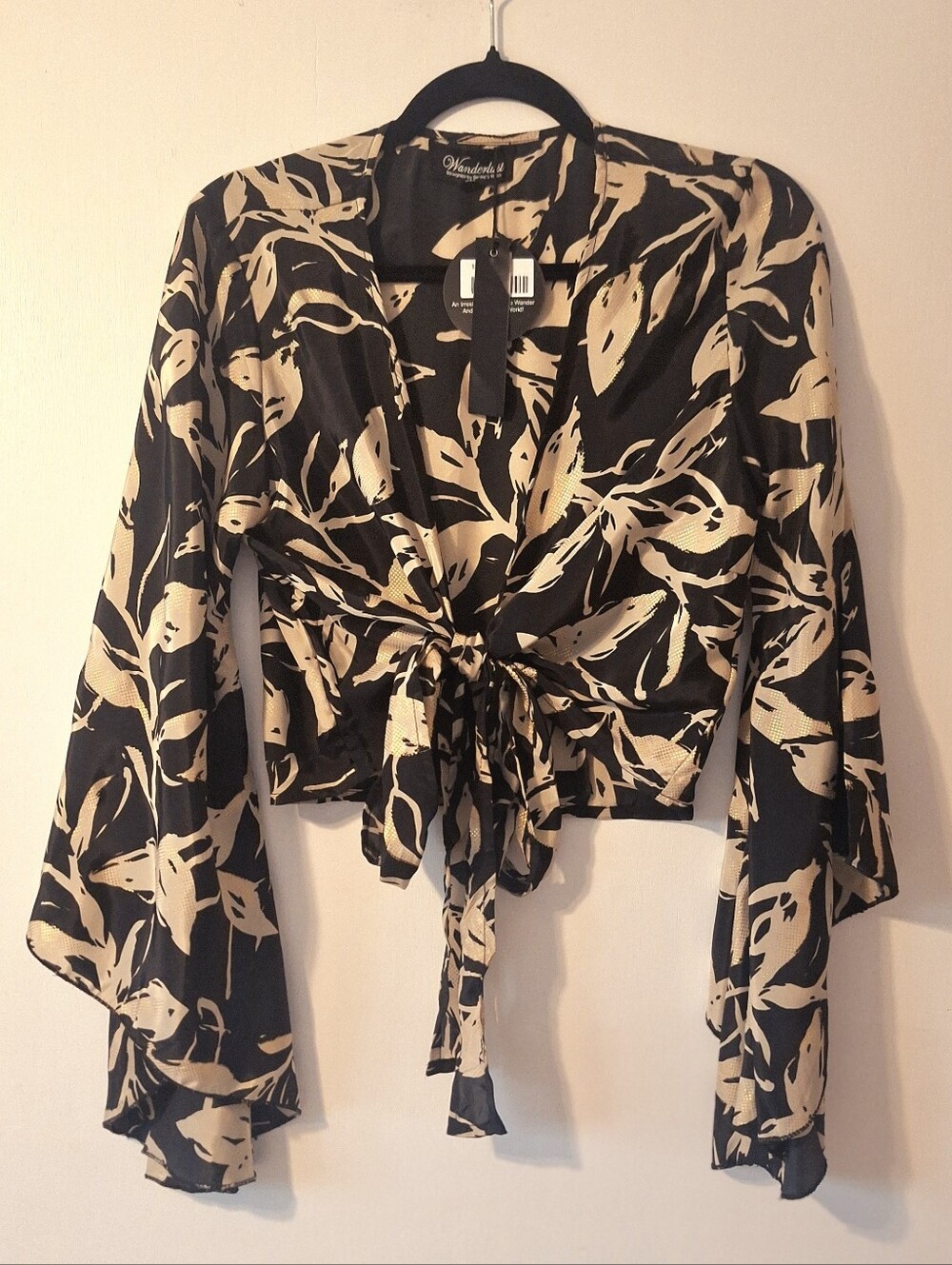 Black & Gold Tie-Waist Floral Wrap Blouse